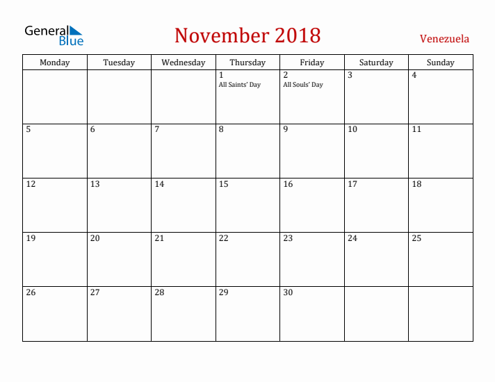 Venezuela November 2018 Calendar - Monday Start