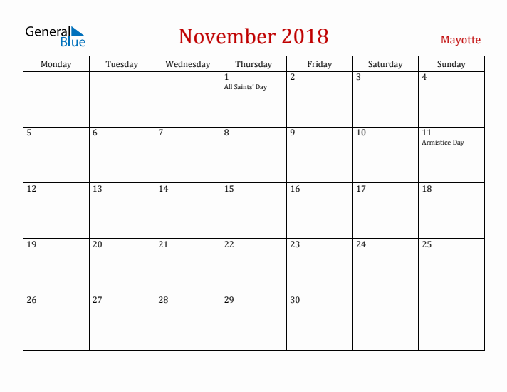 Mayotte November 2018 Calendar - Monday Start