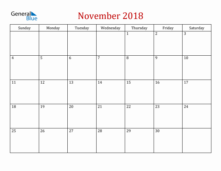 Blank November 2018 Calendar with Sunday Start