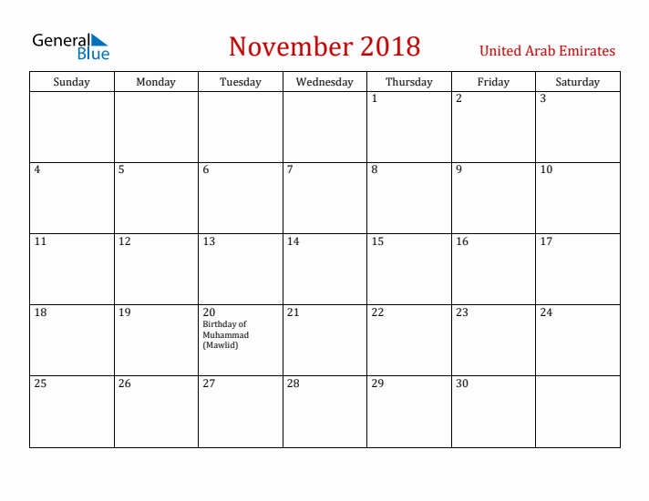 United Arab Emirates November 2018 Calendar - Sunday Start