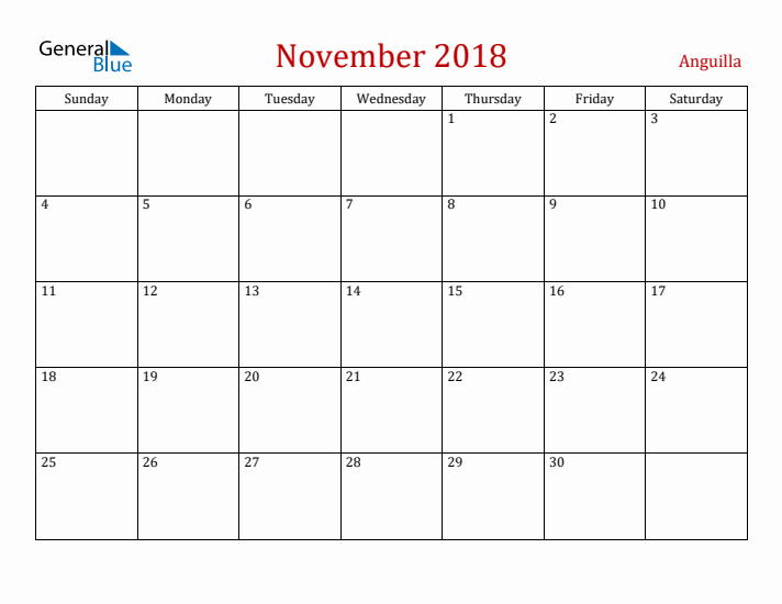 Anguilla November 2018 Calendar - Sunday Start