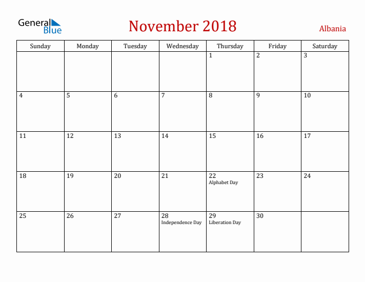 Albania November 2018 Calendar - Sunday Start