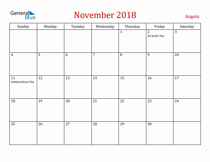 Angola November 2018 Calendar - Sunday Start