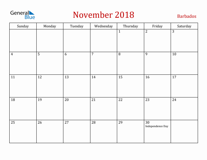 Barbados November 2018 Calendar - Sunday Start
