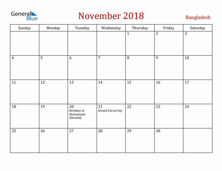 Bangladesh November 2018 Calendar - Sunday Start