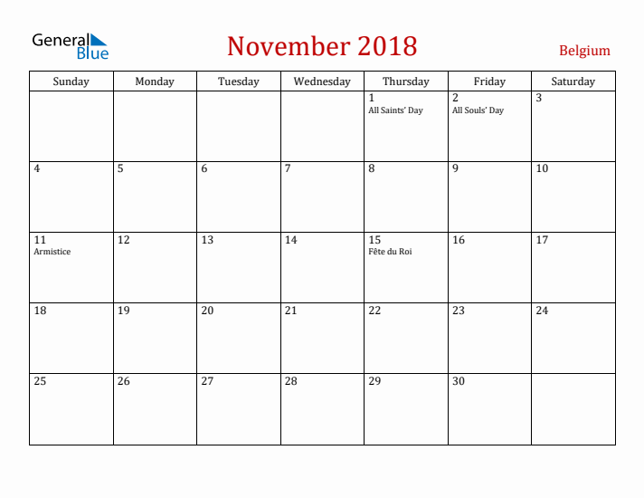 Belgium November 2018 Calendar - Sunday Start