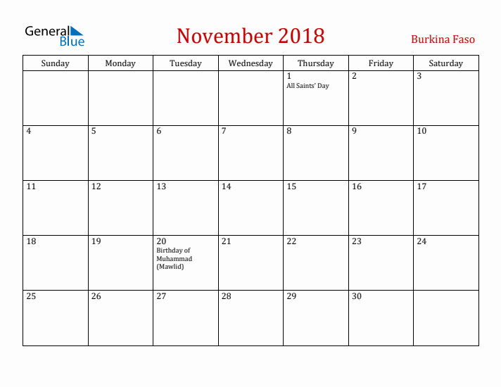 Burkina Faso November 2018 Calendar - Sunday Start