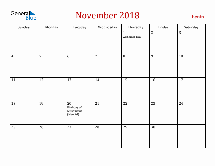 Benin November 2018 Calendar - Sunday Start