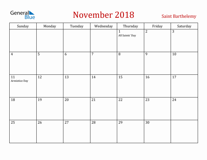 Saint Barthelemy November 2018 Calendar - Sunday Start
