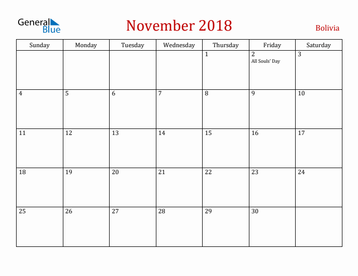 Bolivia November 2018 Calendar - Sunday Start