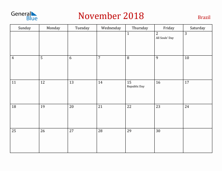 Brazil November 2018 Calendar - Sunday Start
