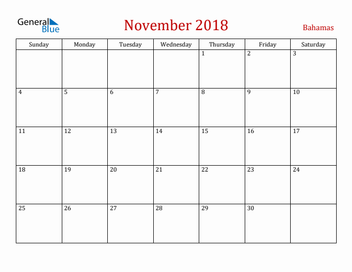 Bahamas November 2018 Calendar - Sunday Start