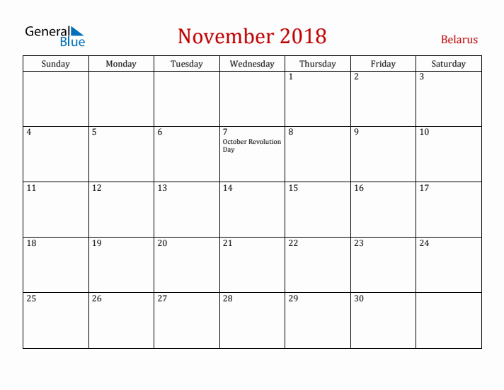 Belarus November 2018 Calendar - Sunday Start
