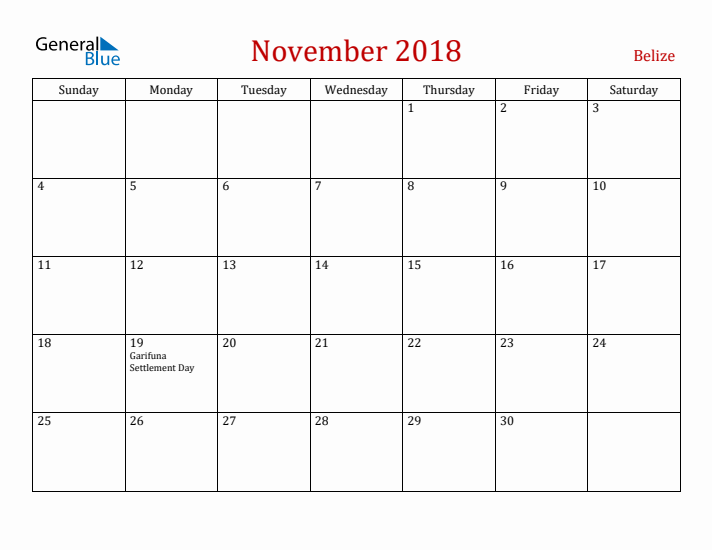 Belize November 2018 Calendar - Sunday Start