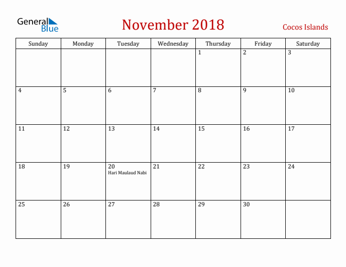 Cocos Islands November 2018 Calendar - Sunday Start