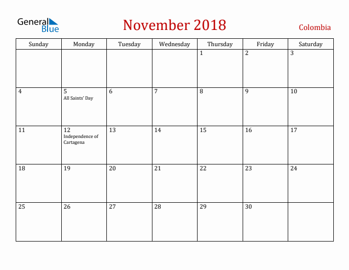 Colombia November 2018 Calendar - Sunday Start