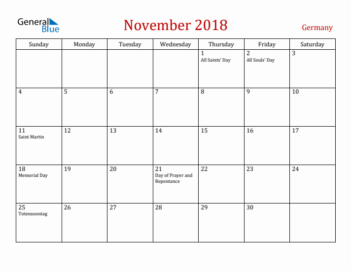 Germany November 2018 Calendar - Sunday Start