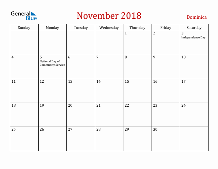 Dominica November 2018 Calendar - Sunday Start