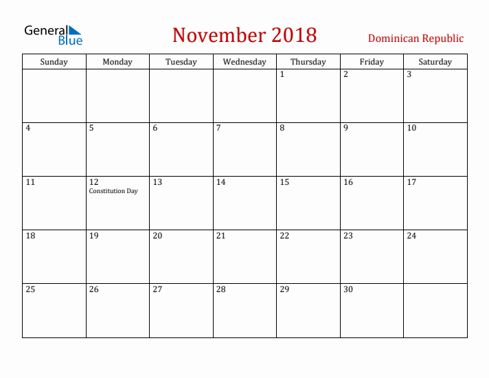 Dominican Republic November 2018 Calendar - Sunday Start