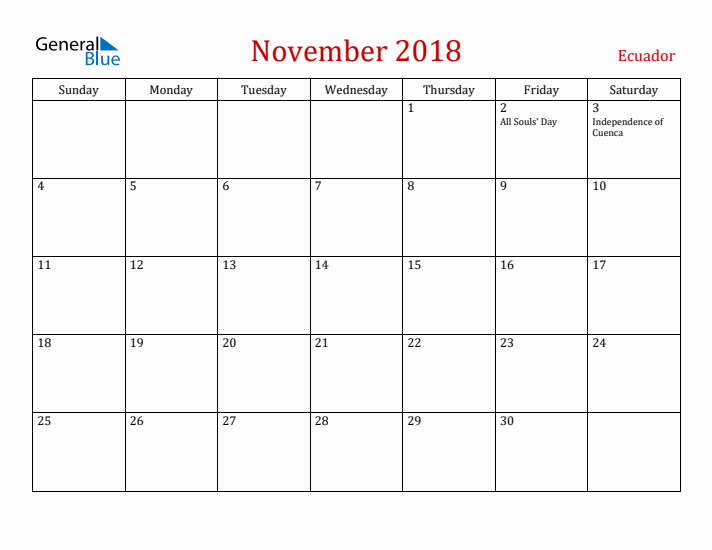 Ecuador November 2018 Calendar - Sunday Start