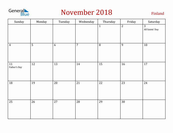 Finland November 2018 Calendar - Sunday Start
