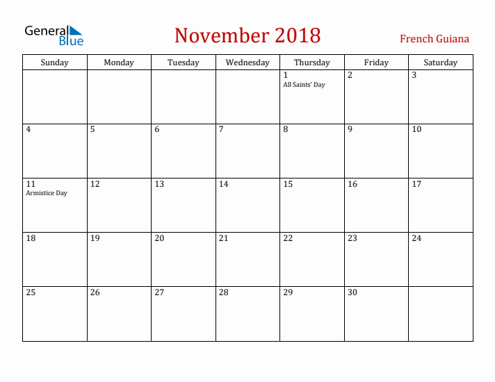 French Guiana November 2018 Calendar - Sunday Start