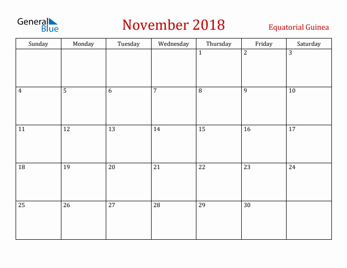 Equatorial Guinea November 2018 Calendar - Sunday Start