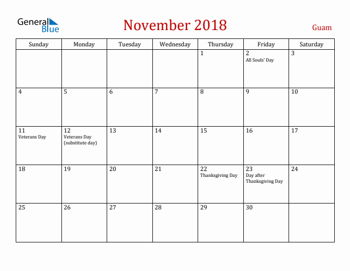 Guam November 2018 Calendar - Sunday Start