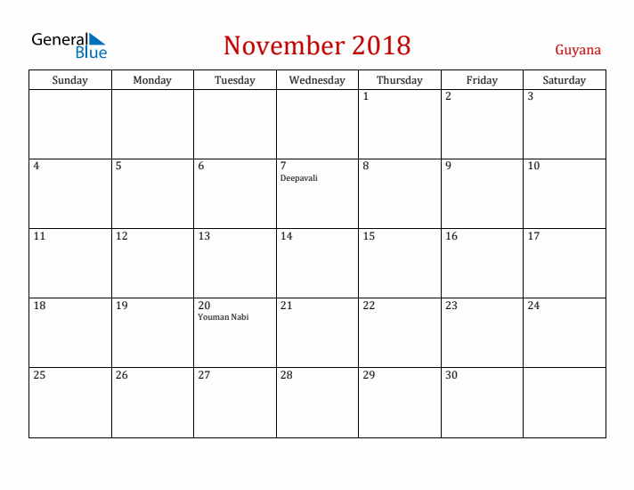 Guyana November 2018 Calendar - Sunday Start