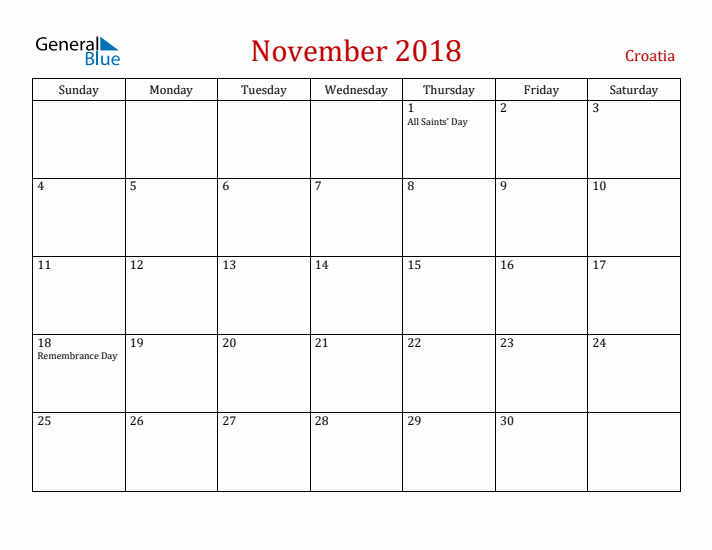 Croatia November 2018 Calendar - Sunday Start