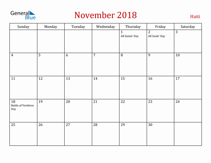 Haiti November 2018 Calendar - Sunday Start