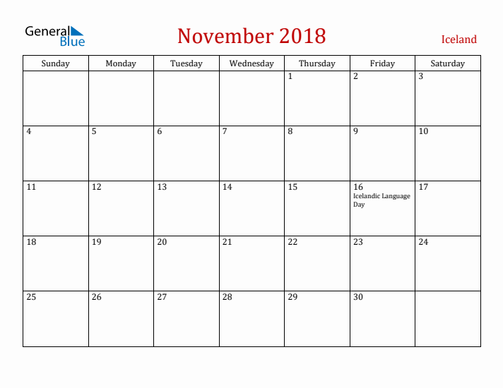 Iceland November 2018 Calendar - Sunday Start