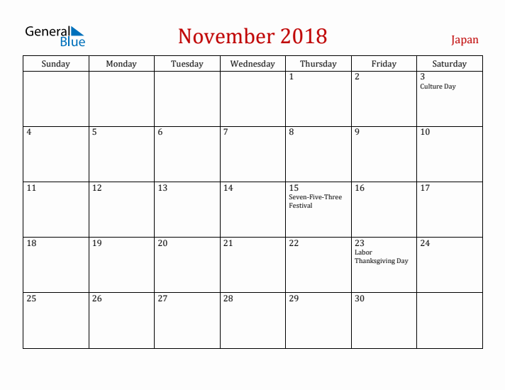 Japan November 2018 Calendar - Sunday Start
