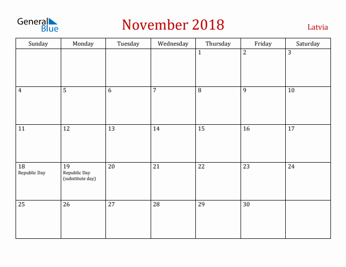 Latvia November 2018 Calendar - Sunday Start