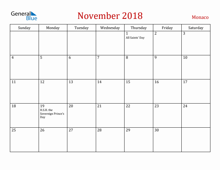 Monaco November 2018 Calendar - Sunday Start