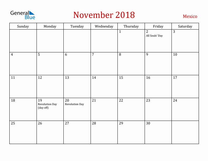 Mexico November 2018 Calendar - Sunday Start