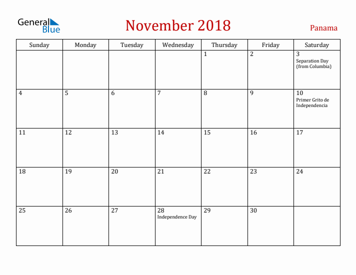 Panama November 2018 Calendar - Sunday Start