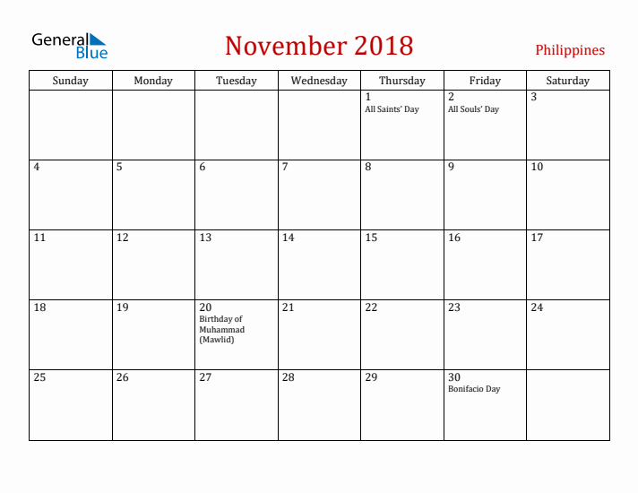 Philippines November 2018 Calendar - Sunday Start