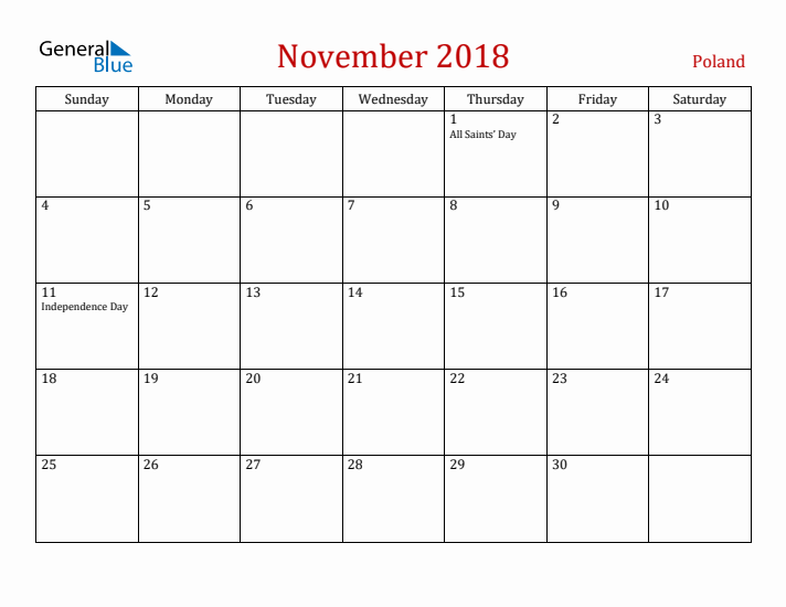 Poland November 2018 Calendar - Sunday Start