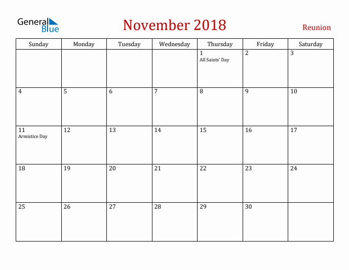 Reunion November 2018 Calendar - Sunday Start
