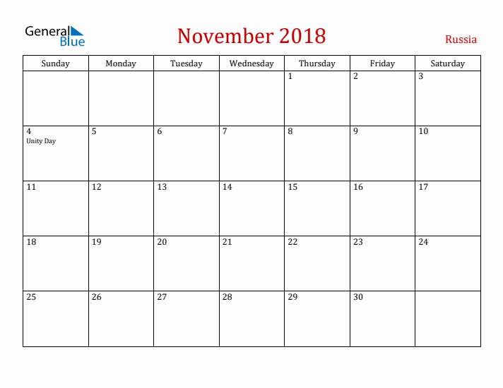 Russia November 2018 Calendar - Sunday Start
