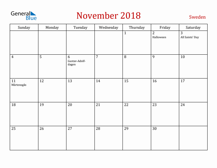 Sweden November 2018 Calendar - Sunday Start