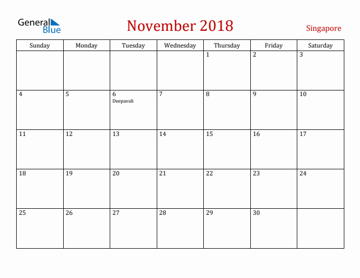 Singapore November 2018 Calendar - Sunday Start