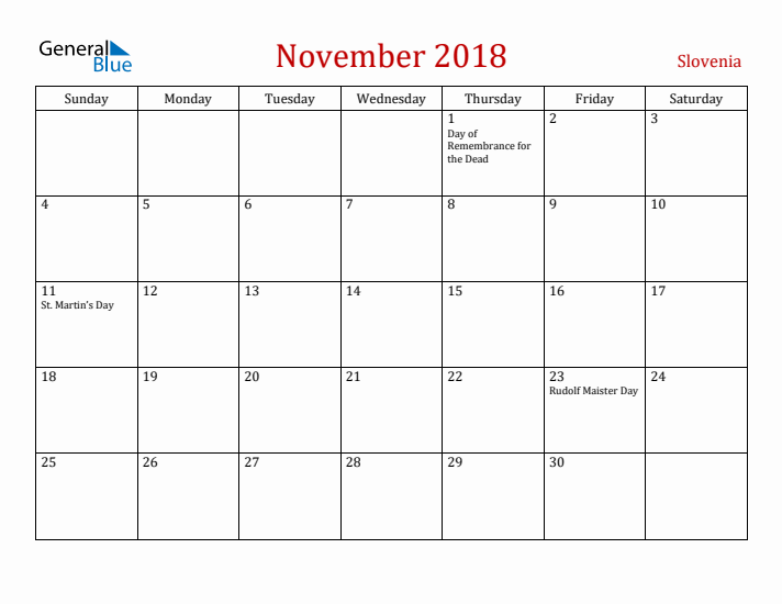 Slovenia November 2018 Calendar - Sunday Start