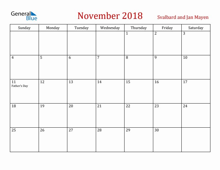Svalbard and Jan Mayen November 2018 Calendar - Sunday Start
