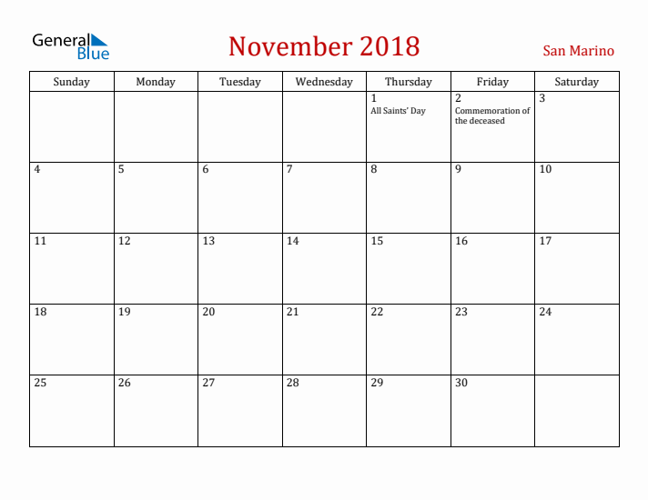 San Marino November 2018 Calendar - Sunday Start