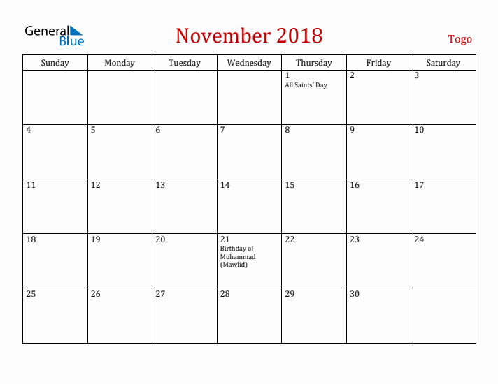 Togo November 2018 Calendar - Sunday Start