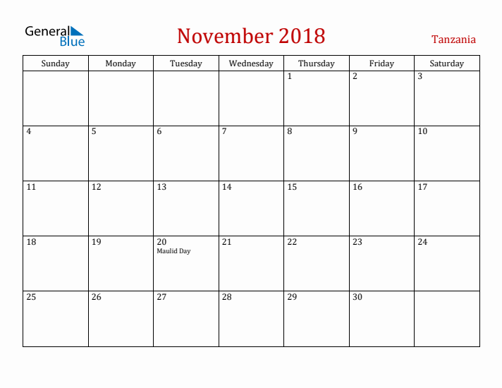 Tanzania November 2018 Calendar - Sunday Start
