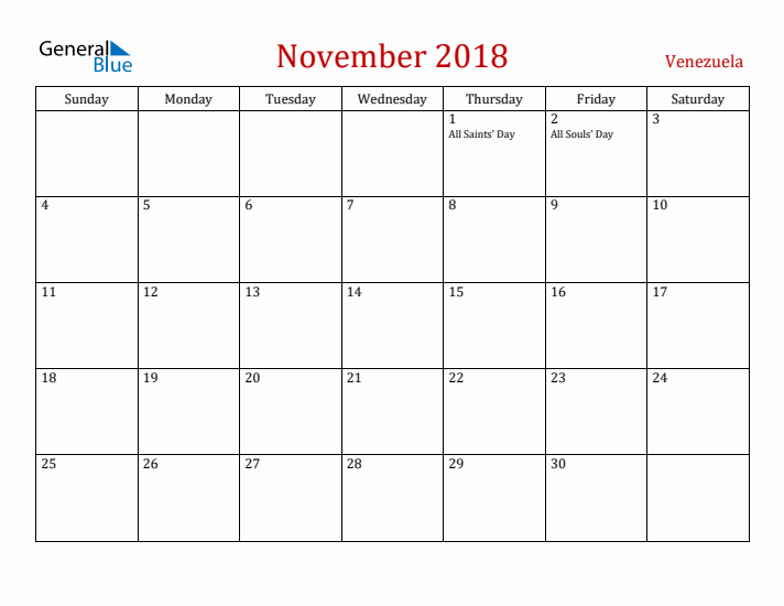 Venezuela November 2018 Calendar - Sunday Start