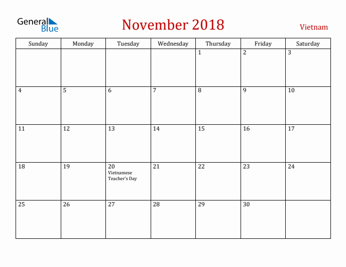 Vietnam November 2018 Calendar - Sunday Start